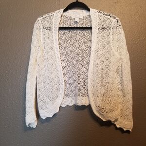 Dressbarn L Cardigan Sweater Crochet Cropped Shrug Open Knit Sheer Coquette Twee